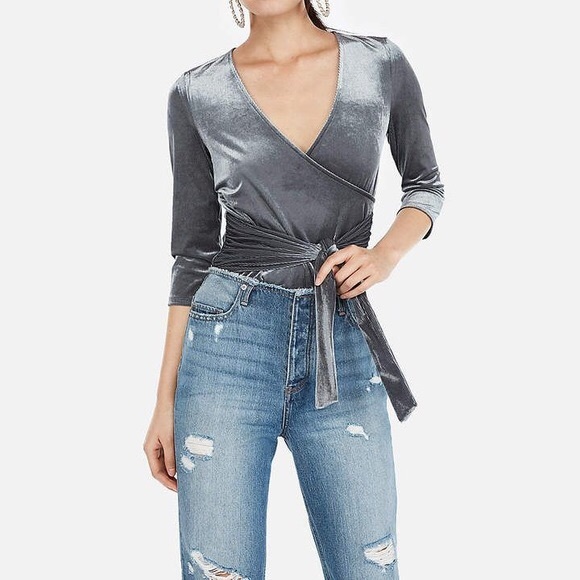 Express Ribbed Velvet Wrap-Front Top - Picture 1 of 5